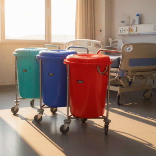Soiled Linen Trolley with Plastic Buckets & SS Frame – Model | Balaji Enterprises