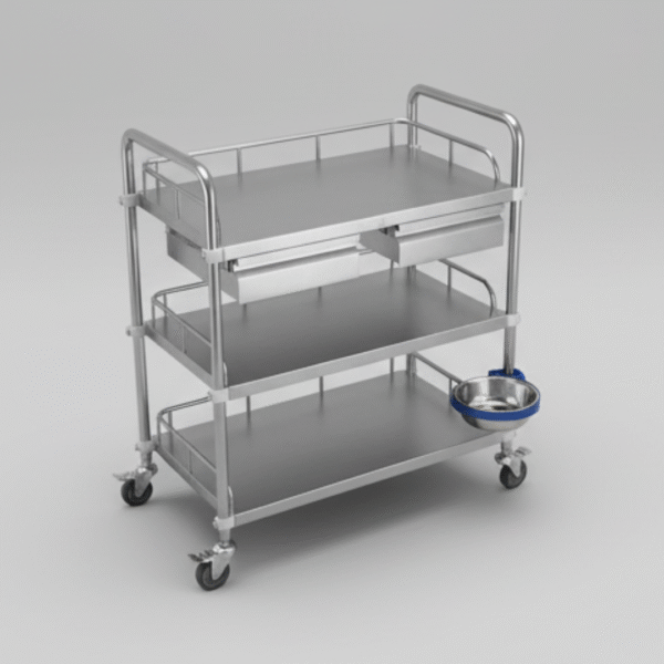 Stainless Steel Service Trolley with Railing 3 Shelves & Drawer by Balaji Enterprises